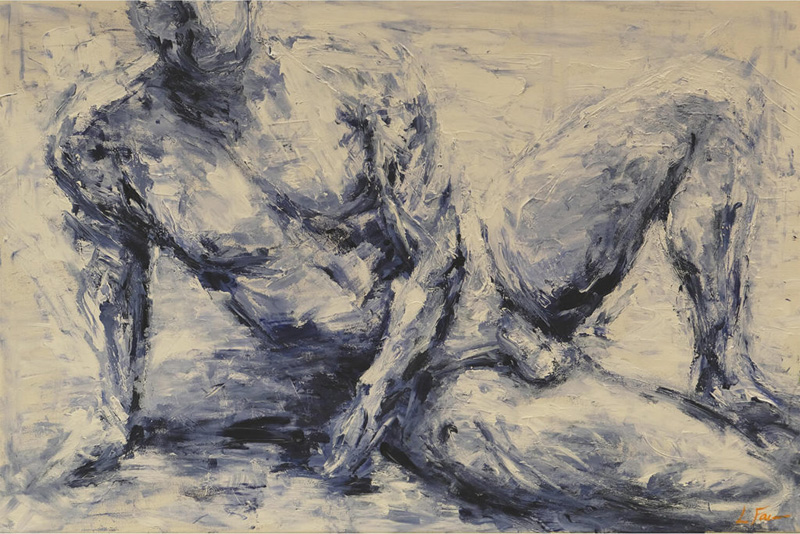A blue and white impressionistic portrait of a nude male figure with partially obscured face, reclining lower body, and torso propped on one arm.