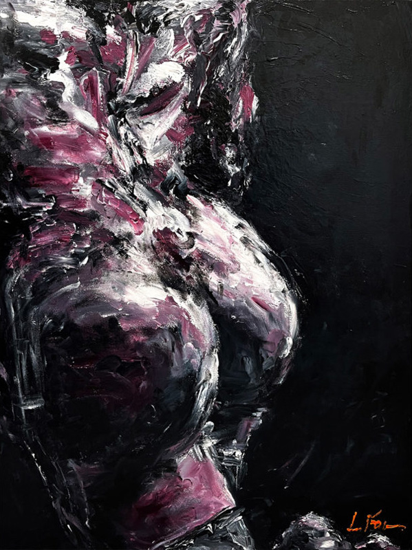 A woman’s muscular bare back and buttocks torqued in motion with one foot bent high behind her, painted in pink, white and black.
