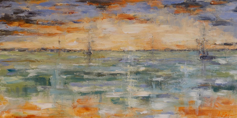 Two ships in the distance on calm green water under pale golden sky with lilac purple and tangerine orange clouds.