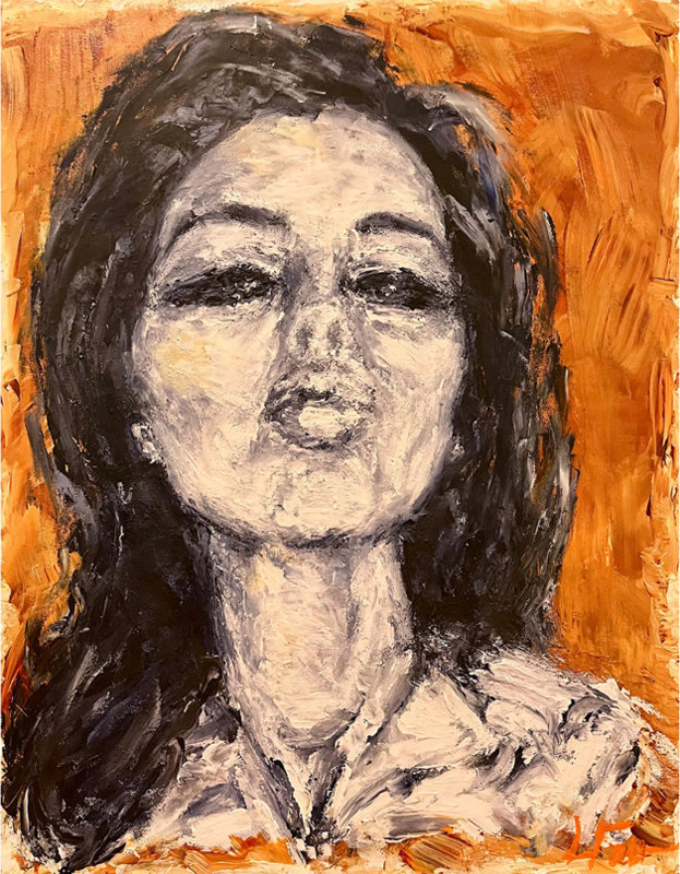 A black and white female face with puckered round lips and narrowed eyes is surrounded by wild dark hair on a background of russet orange paint strokes.