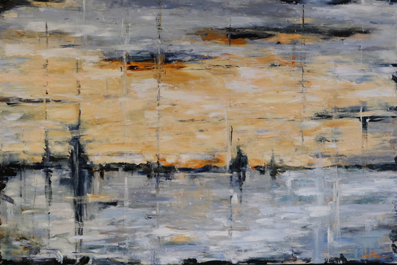 Impressionist scene of a harbour with silver clouds and water, golden sky, and dark silhouettes of sailboats.