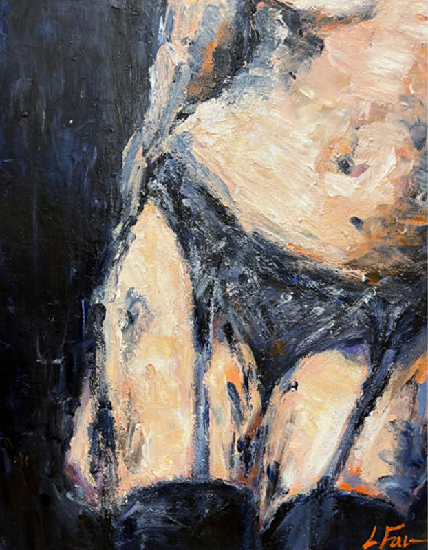 A female figure in impressionist style depicted from bottom of breasts to mid-thigh, wearing dark blue garters and stockings, against a deep blue background.