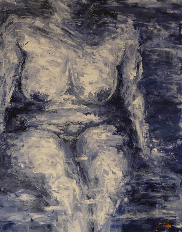 Wavy finger strokes of marine blue and white shimmer over a sitting woman’s nude torso and legs.