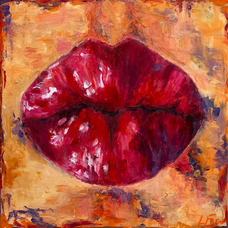 An isolated pair of crimson red lips pursed in a kiss on an abstract background of pale yellow and orange.