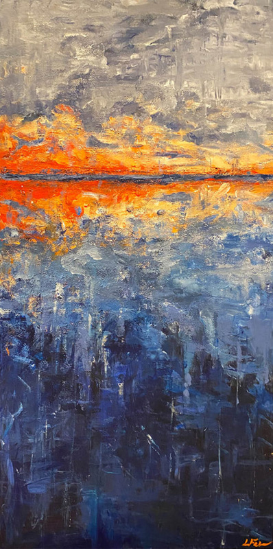 A deep rectangle of shaded blue rises to meet a mirrored red and orange blaze of cloud-like paint strokes under a grey stormy sky.