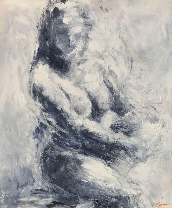 Fingerpainted portrait in grey and white of woman’s partially obscured face, nude torso, and bent leg.