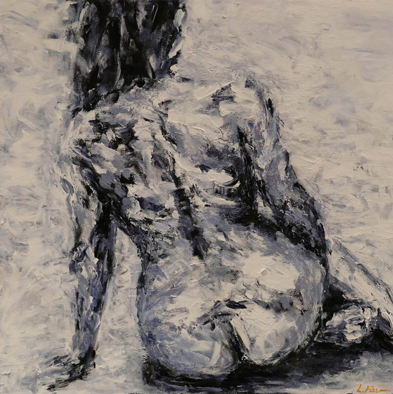 Nude seated female figure from the back, leaning on one hand, with dark hair swept forward over one shoulder, in shades of blue and white.