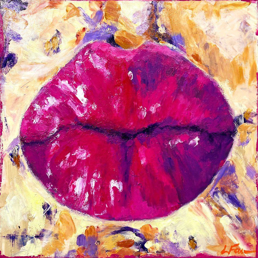 Hot pink lips, plump and pouted in a kiss, isolated against an abstract butter yellow background.